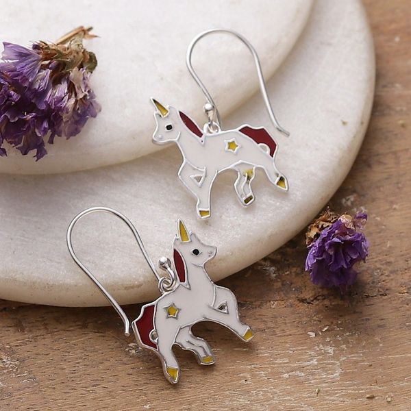 Alternate image for Fantasy-Themed Enamel Sterling Silver Unicorn Dangle Earring Unicorn Spell
