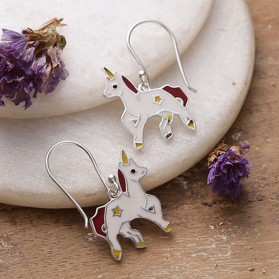 Fantasy-Themed Enamel Sterling Silver Unicorn Dangle Earring 'Unicorn Spell'