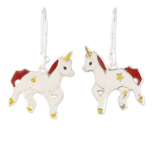 Alternate image for Fantasy-Themed Enamel Sterling Silver Unicorn Dangle Earring Unicorn Spell