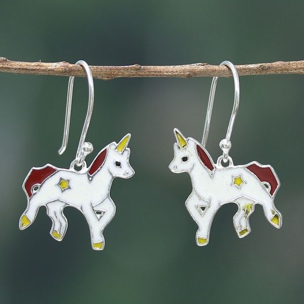 Alternate image for Fantasy-Themed Enamel Sterling Silver Unicorn Dangle Earring Unicorn Spell
