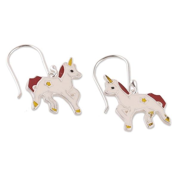Alternate image for Fantasy-Themed Enamel Sterling Silver Unicorn Dangle Earring Unicorn Spell
