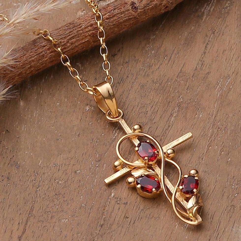 1-Carat Garnet Cross Pendant Necklace with 22k Gold Plating 'Glory of the Crimson Trinity'