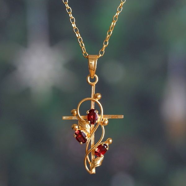 Alternate image for 1-Carat Garnet Cross Pendant Necklace with 22k Gold Plating Glory of the Crimson Trinity