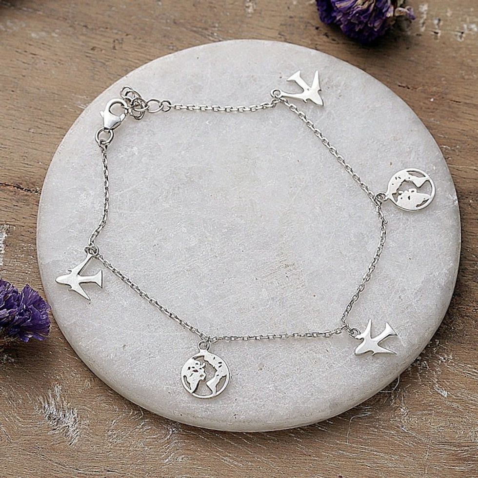 High-Polished Travel-Themed Sterling Silver Charm Bracelet 'Exotic Travel'