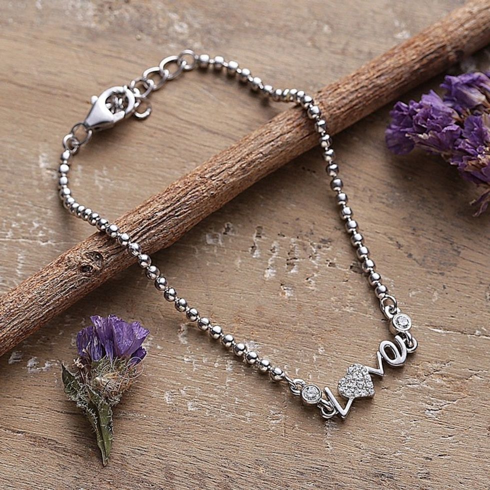 Rhodium-Plated Cubic Zirconia Love-Themed Pendant Bracelet 'Chromed Love'