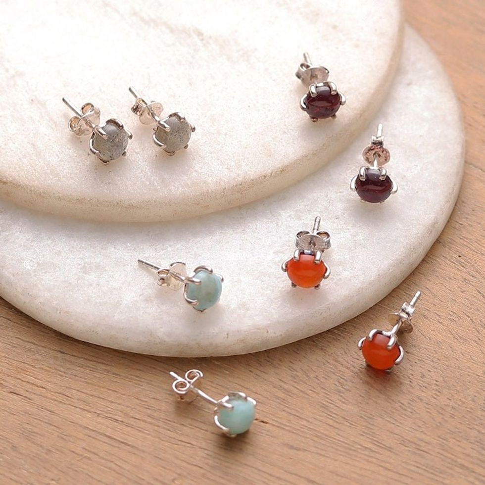 Set of 4 Carnelian Garnet Labradorite Larimar Stud Earrings 'Timeless Collection'