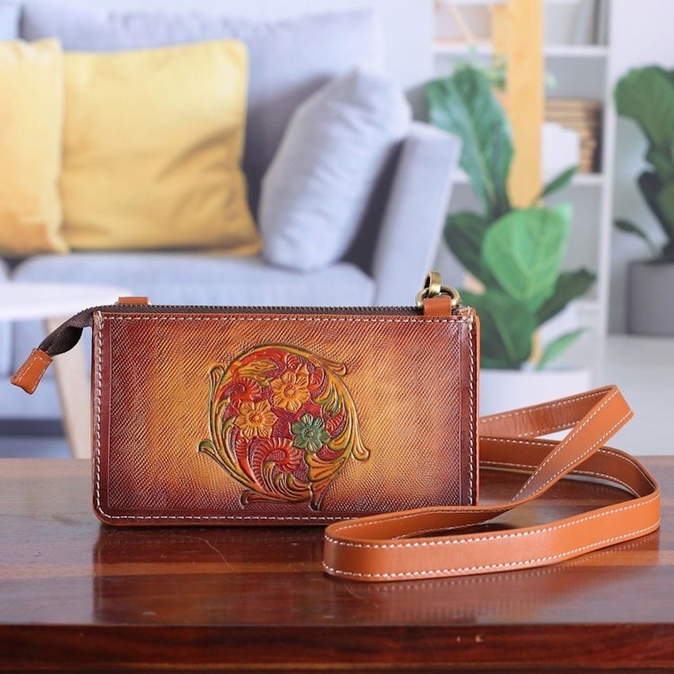 Hand-Tooled Floral Leather Sling Bag with Removable Strap 'Circle of Blossoms'