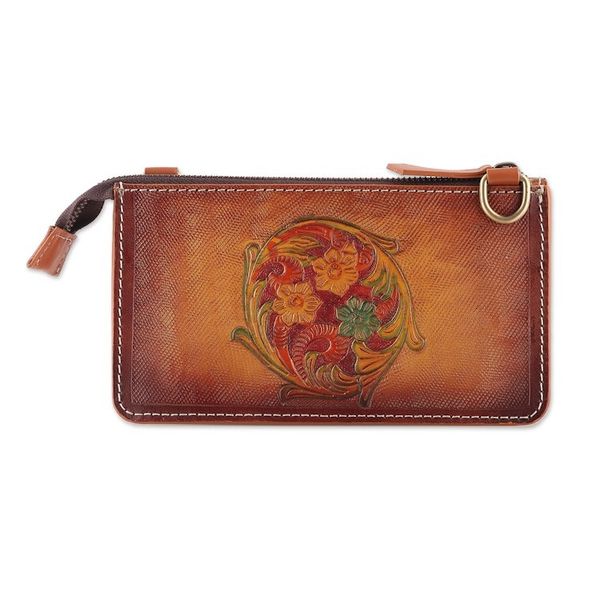 Alternate image for Hand-Tooled Floral Leather Sling Bag with Removable Strap Circle of Blossoms