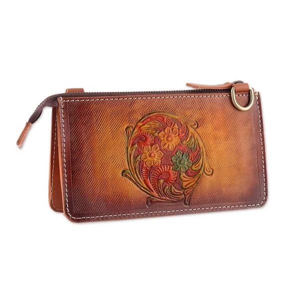 Alternate image for Hand-Tooled Floral Leather Sling Bag with Removable Strap Circle of Blossoms