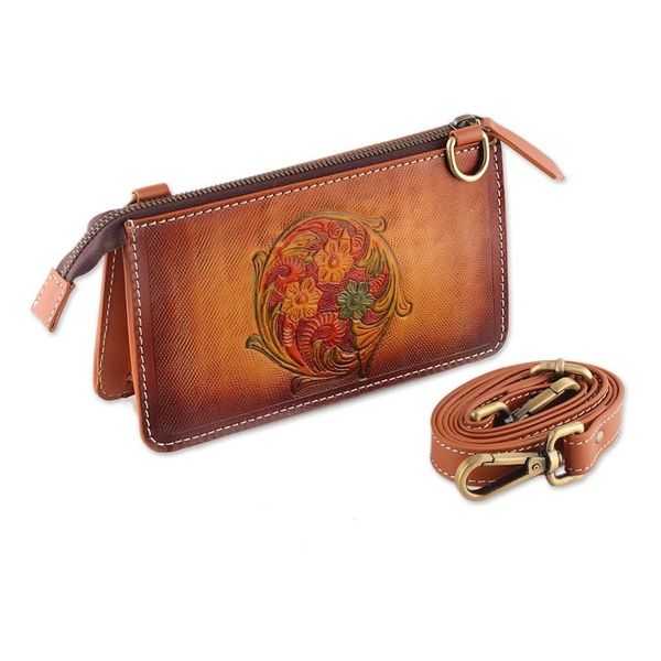 Alternate image for Hand-Tooled Floral Leather Sling Bag with Removable Strap Circle of Blossoms