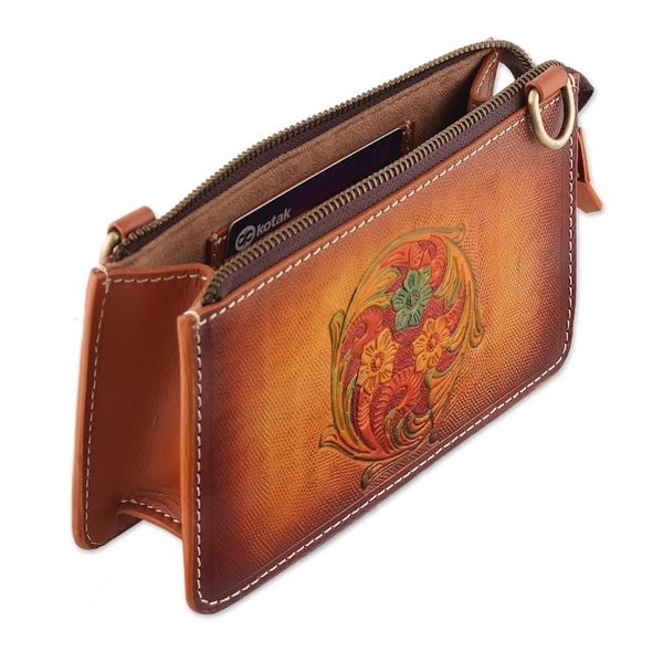 Alternate image for Hand-Tooled Floral Leather Sling Bag with Removable Strap Circle of Blossoms