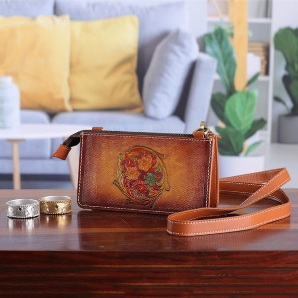 Alternate image for Hand-Tooled Floral Leather Sling Bag with Removable Strap Circle of Blossoms