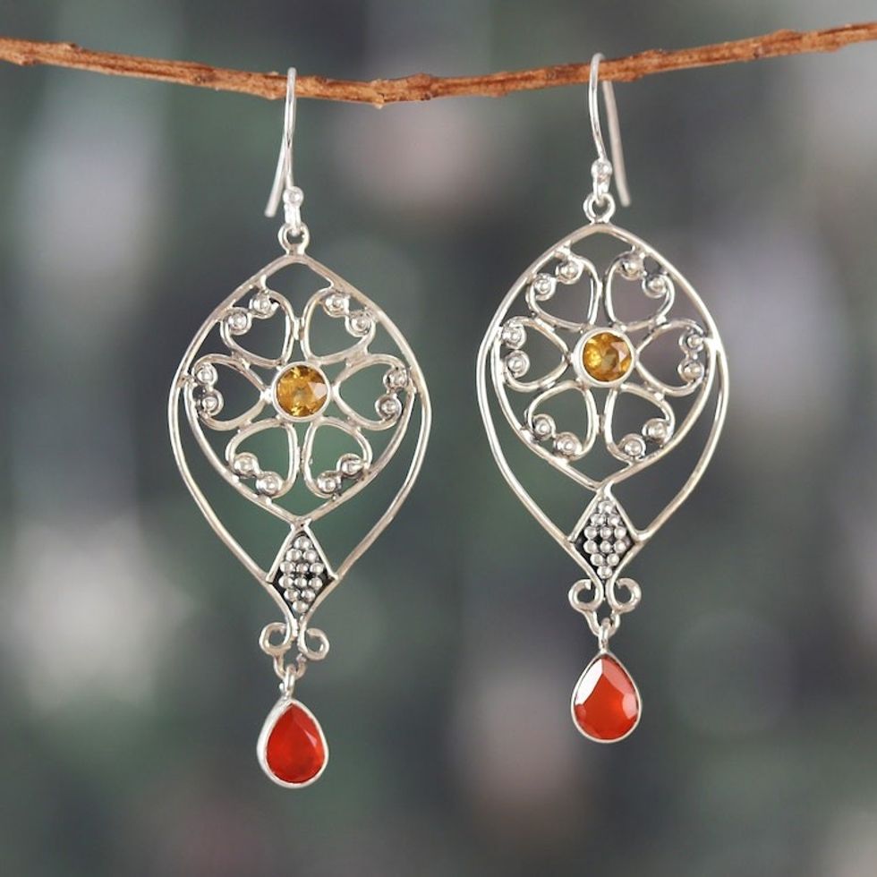 Classic Indian-Made Carnelian and Citrine Dangle Earrings 'Flame of Sunrise'
