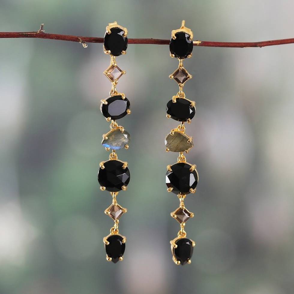 21-Carat Faceted Multi-Gemstone Gold-Plated Dangle Earrings 'Victorious Darkness'