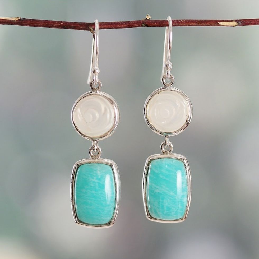 Modern Geometric Amazonite Agate Silver Dangle Earrings 'Morning Sea'