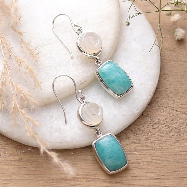 Alternate image for Modern Geometric Amazonite Agate Silver Dangle Earrings Morning Sea