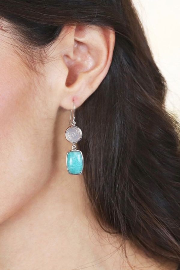 Alternate image for Modern Geometric Amazonite Agate Silver Dangle Earrings Morning Sea