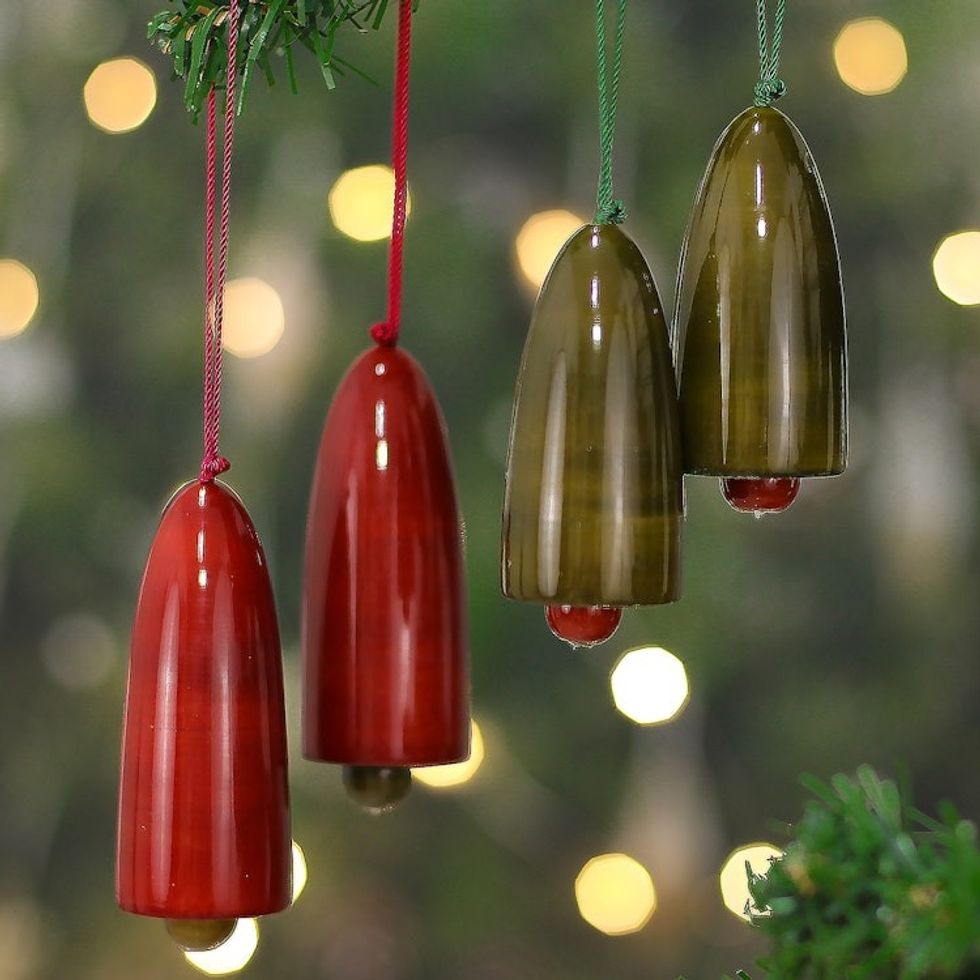 Classic Minimalist 4-Piece Red and Green Wood Ornament Set 'Holiday Chimes'