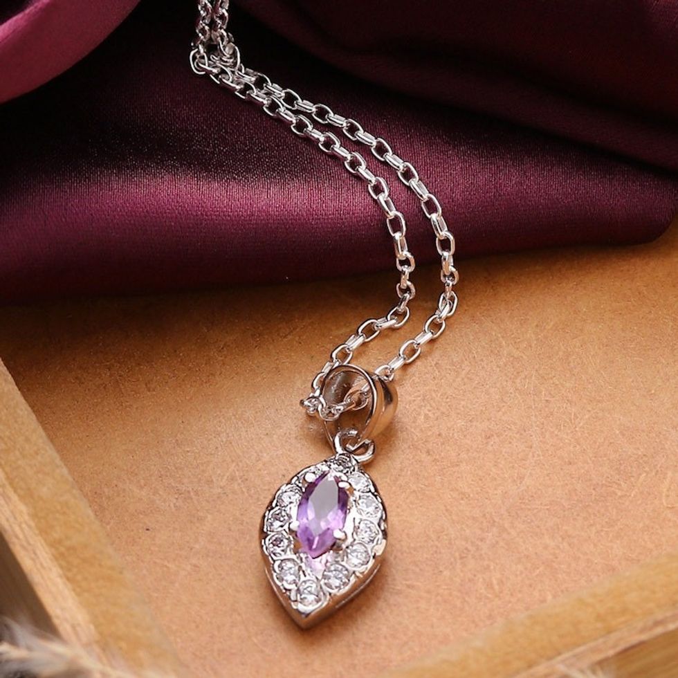 Leaf-Themed Rhodium-Plated 1-Carat Amethyst Pendant Necklace 'Leaf of Wisdom'