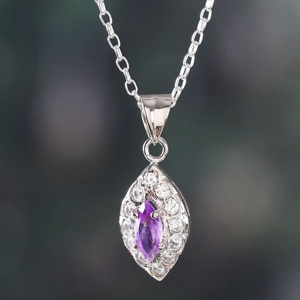 Alternate image for Leaf-Themed Rhodium-Plated 1-Carat Amethyst Pendant Necklace Leaf of Wisdom