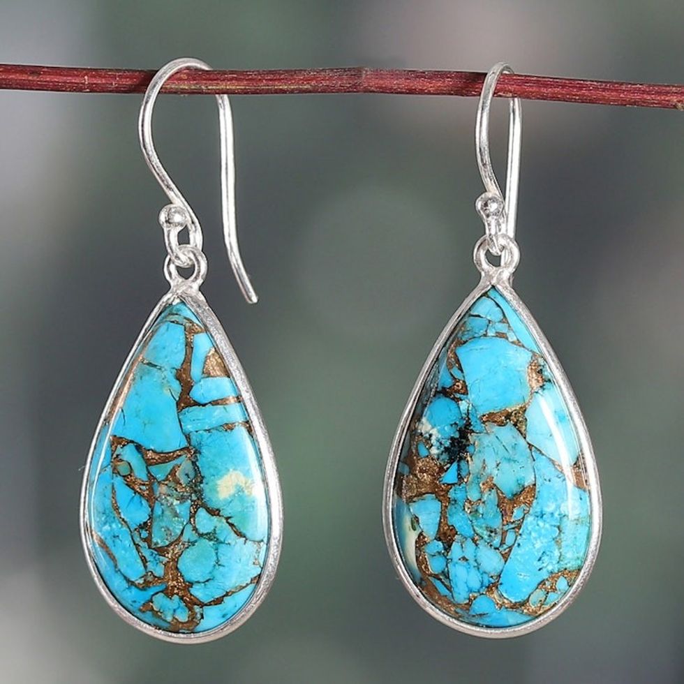 Drop-Shaped Composite Turquoise and Sterling Silver Earrings 'Free Waters'
