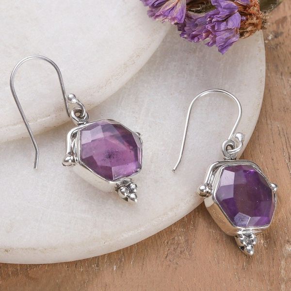 Alternate image for Checkerboard-Shaped 5-Carat Faceted Amethyst Dangle Earrings Wise Checkerboard