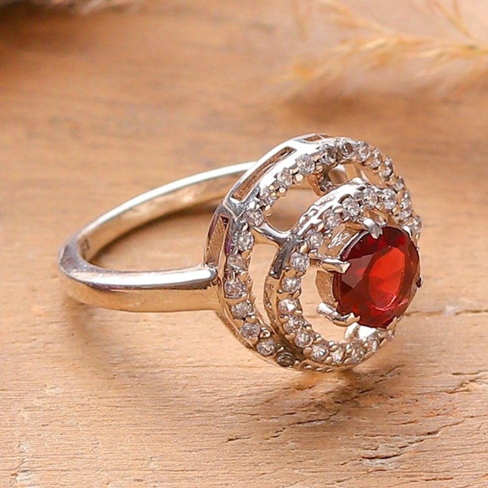 Rhodium-Plated Garnet Cocktail Ring with Cubic Zirconia 'Spirited Sparkle'