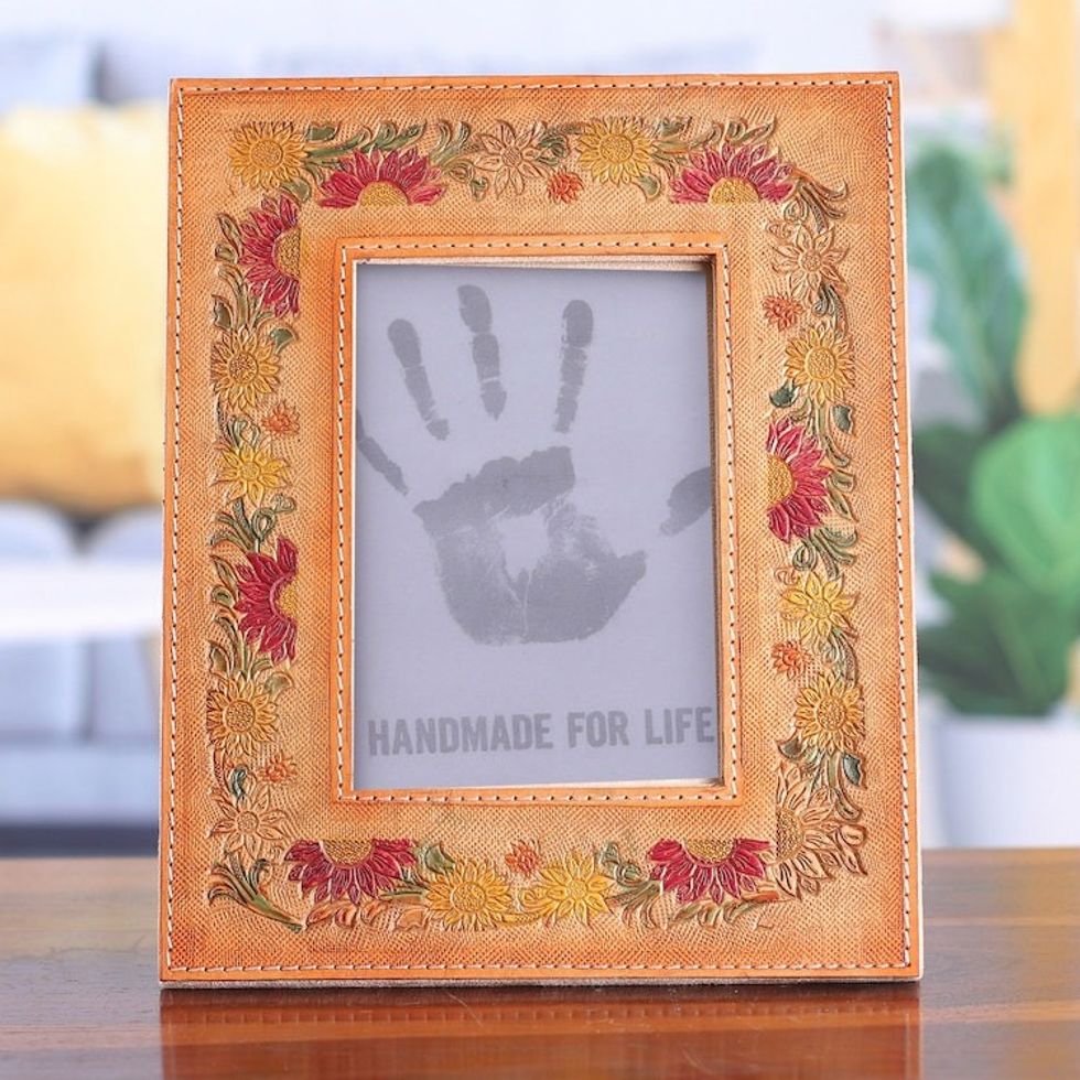 Embossed Floral Crimson and Orange Leather Photo Frame 4x6 'Floral Memory'