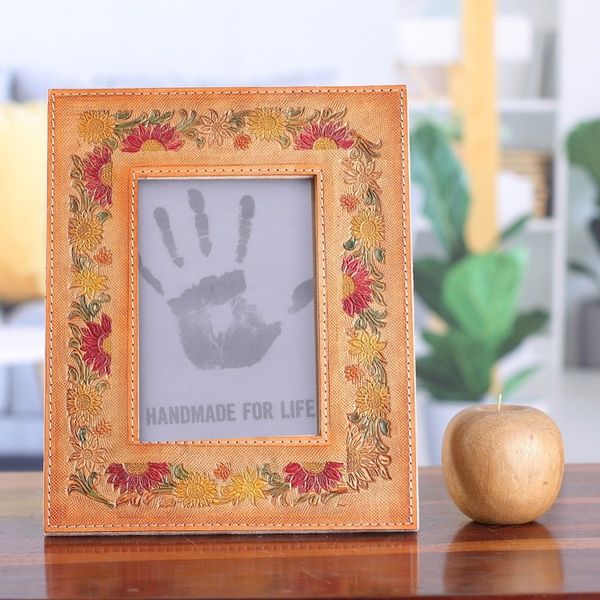 Alternate image for Embossed Floral Crimson and Orange Leather Photo Frame 4x6 Floral Memory