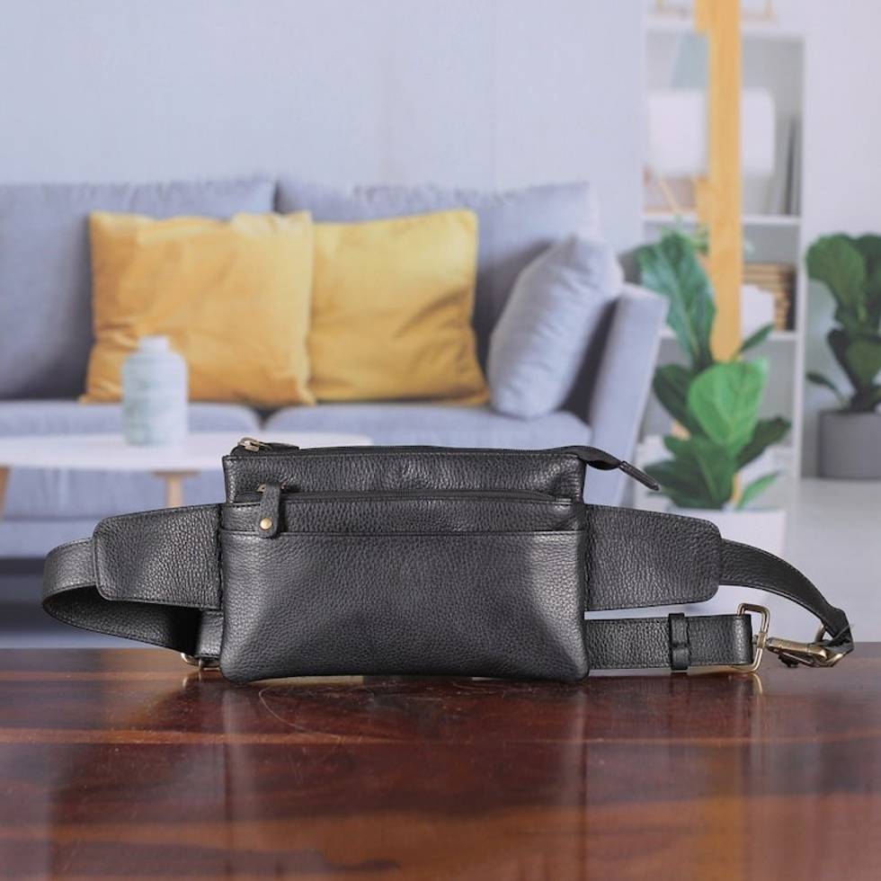 Handcrafted Black Leather Belt Bag with Adjustable Strap 'Handy Traveler'