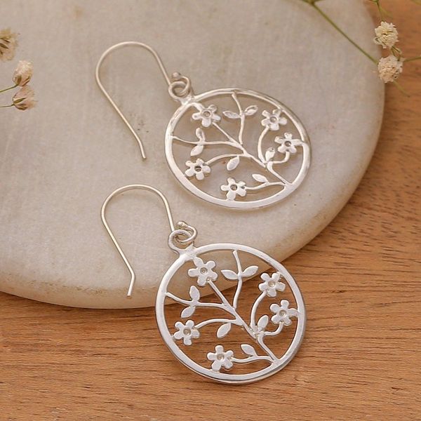 Alternate image for Openwork Silver Dangle Earrings with Floral and Leaf Motifs Floral Openwork