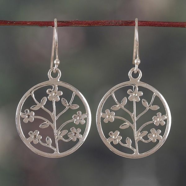 Alternate image for Openwork Silver Dangle Earrings with Floral and Leaf Motifs Floral Openwork
