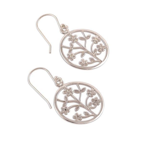 Alternate image for Openwork Silver Dangle Earrings with Floral and Leaf Motifs Floral Openwork