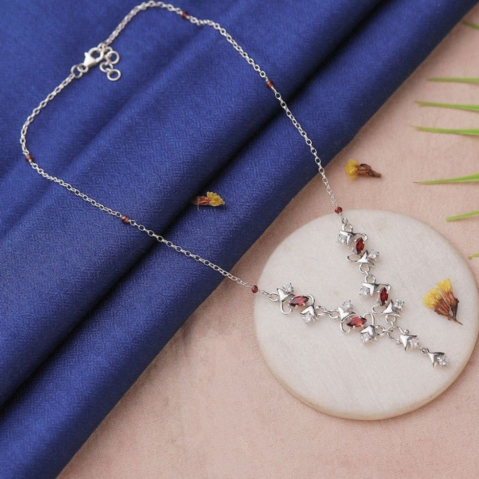 4-Carat Garnet and Cubic Zirconia Y-Necklace Made in India 'Blooming Liaison'