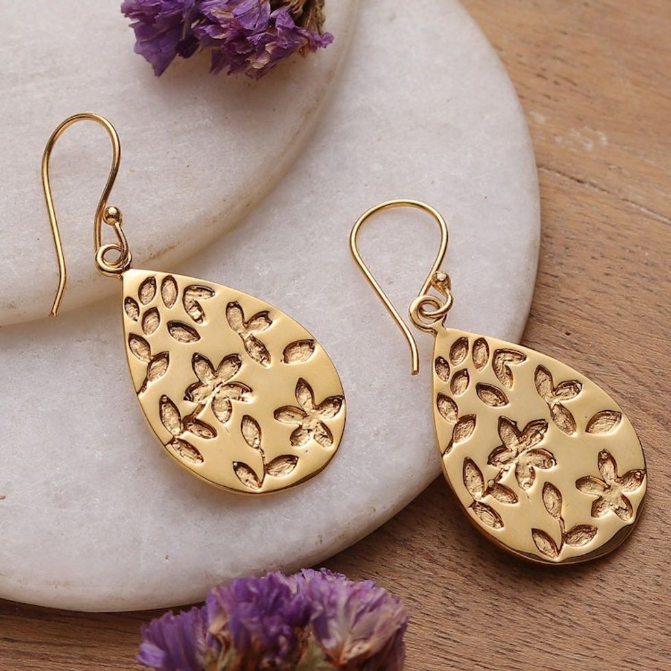 Drop-Shaped Spring-Themed Polished Brass Dangle Earrings 'Primaveral Rain'