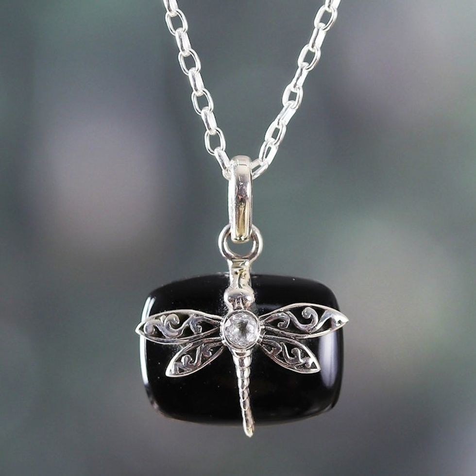 Dragonfly-Themed Black Onyx Pendant Necklace with Quartz Gem 'Mysterious Flutter'