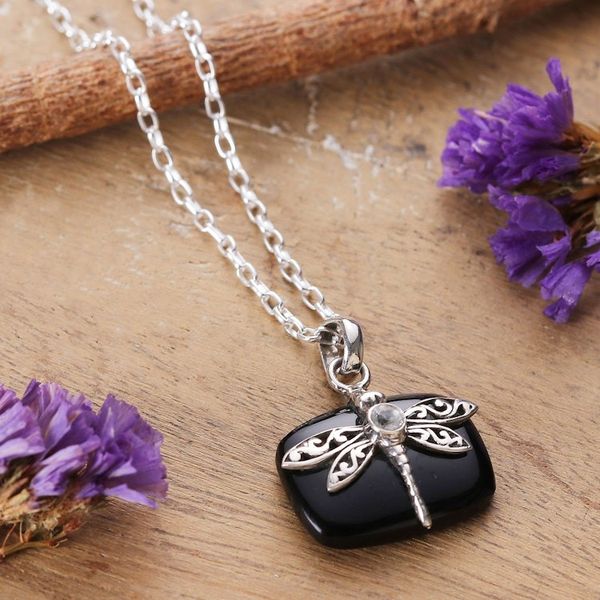 Alternate image for Dragonfly-Themed Black Onyx Pendant Necklace with Quartz Gem Mysterious Flutter