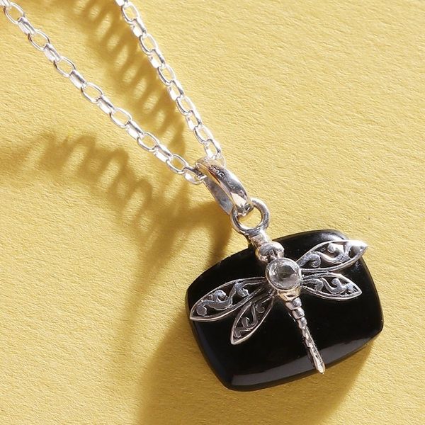 Alternate image for Dragonfly-Themed Black Onyx Pendant Necklace with Quartz Gem Mysterious Flutter
