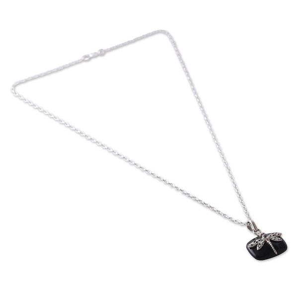 Alternate image for Dragonfly-Themed Black Onyx Pendant Necklace with Quartz Gem Mysterious Flutter