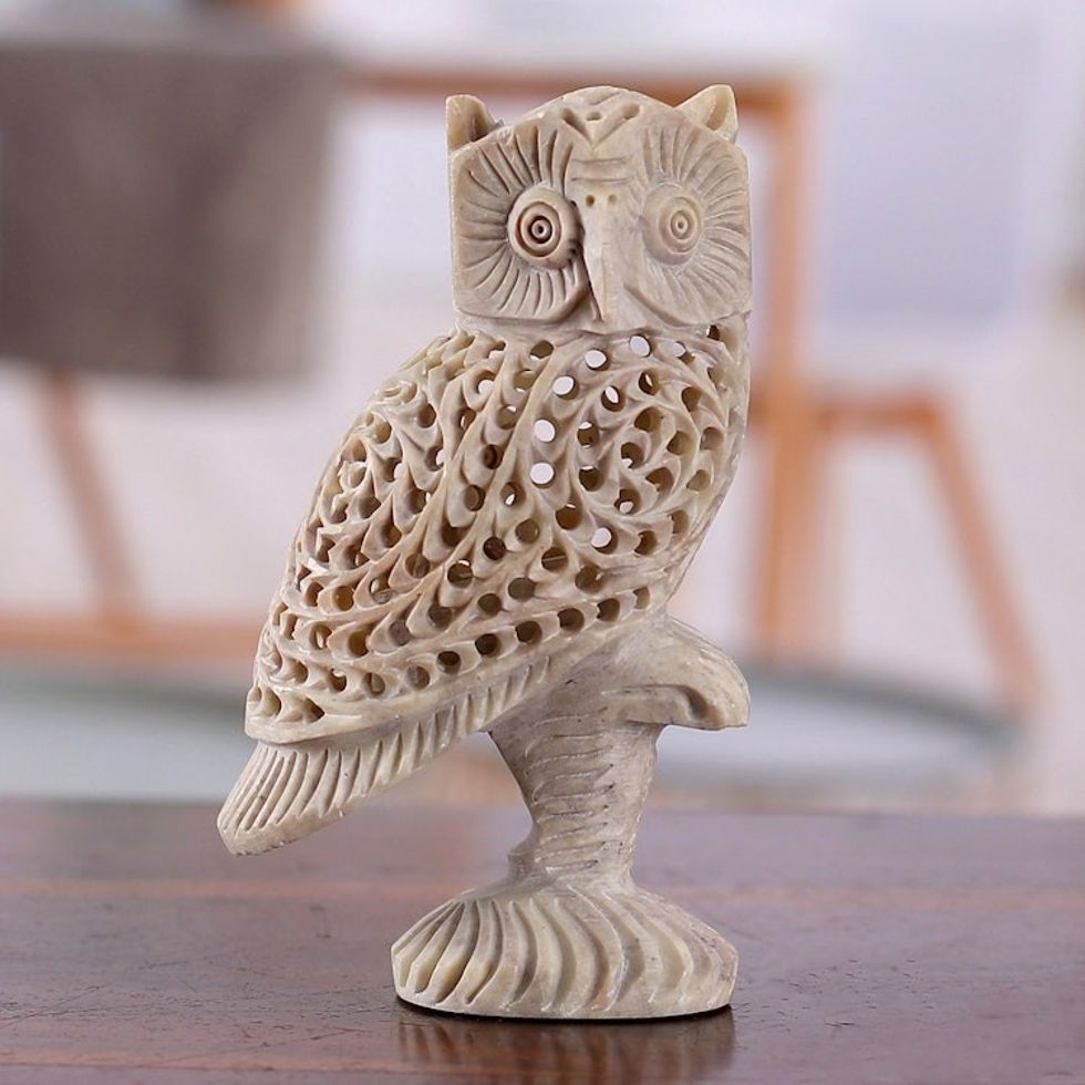 Owl-Themed Jali Soapstone Sculpture Hand-Carved in India 'Nocturnal Whisper'