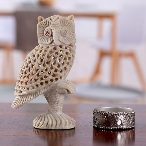 Alternate image for Owl-Themed Jali Soapstone Sculpture Hand-Carved in India Nocturnal Whisper