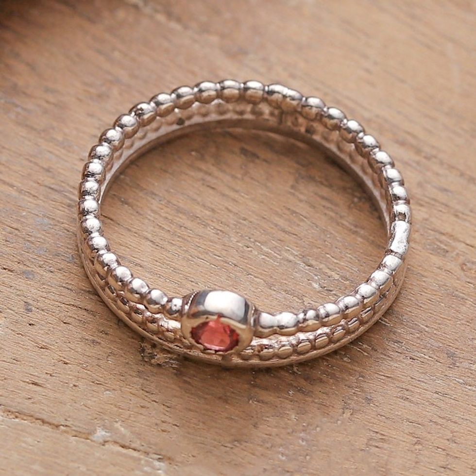 Double Band Modern Garnet Sterling Silver Solitaire Ring 'Fiery Minimalism'