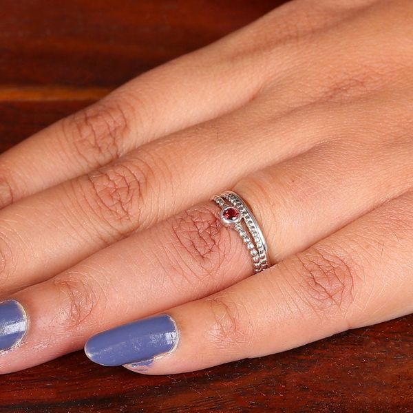 Alternate image for Double Band Modern Garnet Sterling Silver Solitaire Ring Fiery Minimalism
