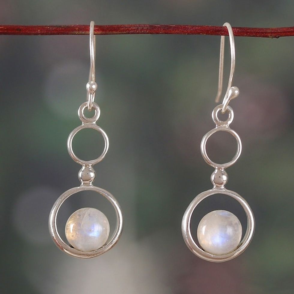Polished Rainbow Moonstone Sterling Silver Dangle Earrings 'Dancing Moon'
