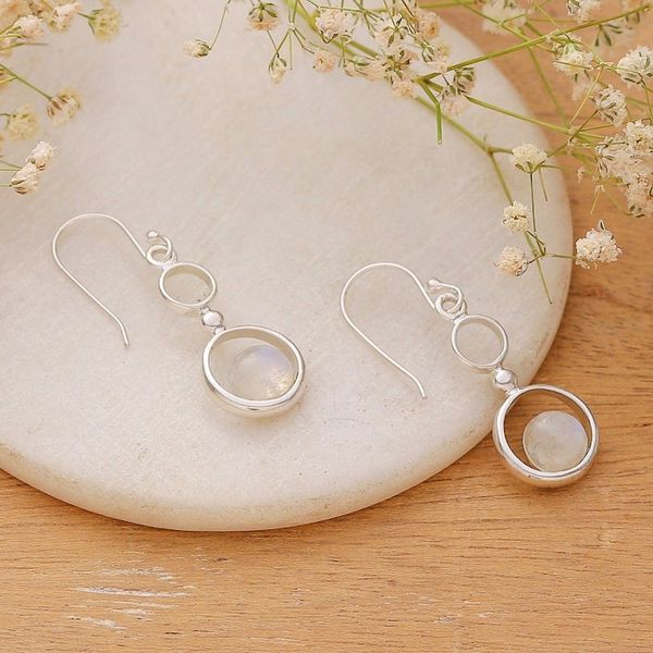 Alternate image for Polished Rainbow Moonstone Sterling Silver Dangle Earrings Dancing Moon