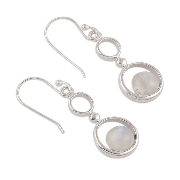 Alternate image for Polished Rainbow Moonstone Sterling Silver Dangle Earrings Dancing Moon
