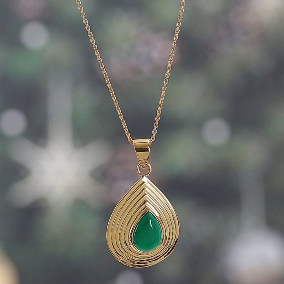 Polished Brass Necklace with Teardrop Green Onyx Pendant 'Jubilant Tear'