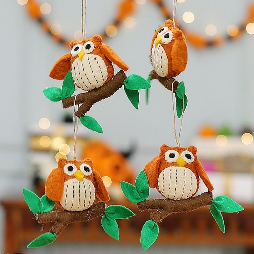 Handmade Set of 4 Owl-Shaped Wool Felt Ornaments from India 'Owl Message'