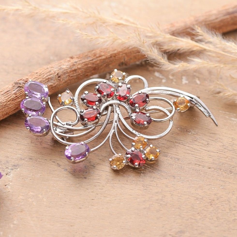 Floral Rhodium-Plated 9-Carat Multi-Gemstone Brooch Pin 'Graceful Bouquet'