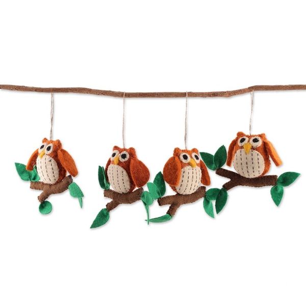 Alternate image for Handmade Set of 4 Owl-Shaped Wool Felt Ornaments from India Owl Message